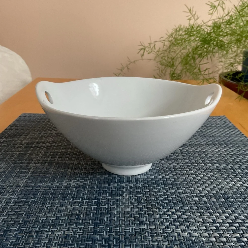 Pier 1 White Porcelain Bowl Cutout Handles Minimalist Serving 7”
